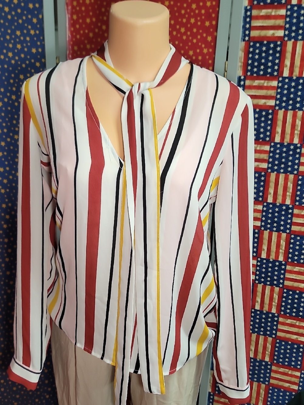 Forever 21 Multi-Stripe Tie-Neck Blouse - Pink, Rust & Yellow